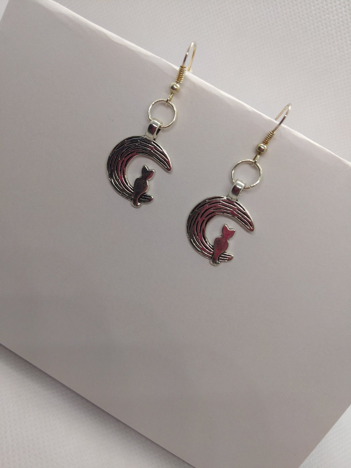 cat earrings/moon drops/crescent moon/sterling silver feline/silver plated lunar/celestral/half moon jewellery/gifts for her