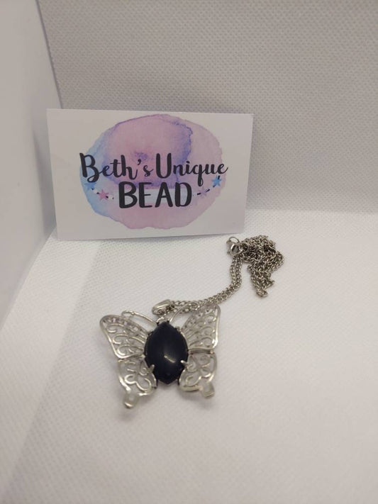 Butterfly pendant/black agate pendant/statement pendant/black agate/crystal jewellery/semi precious jewellery/butterfly necklace/agate chain