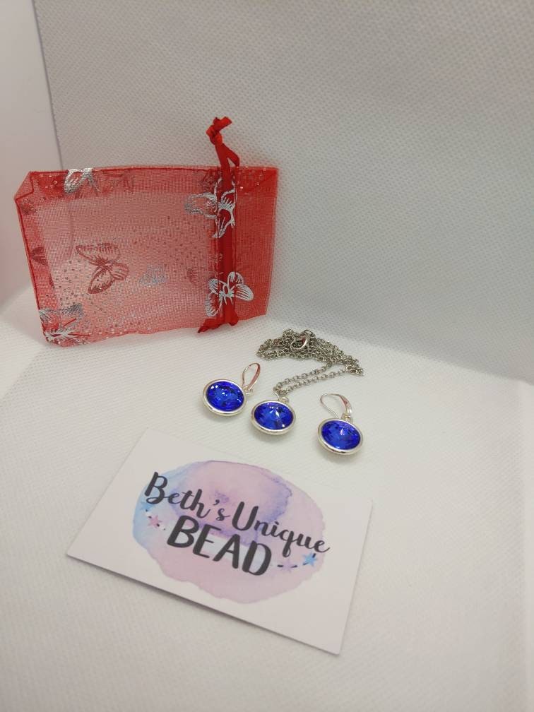Rivoli earrings/sparkly earrings/sparkly necklace/blue necklace/circle necklace/circle earrings/silver plated earrings/rivoli drops