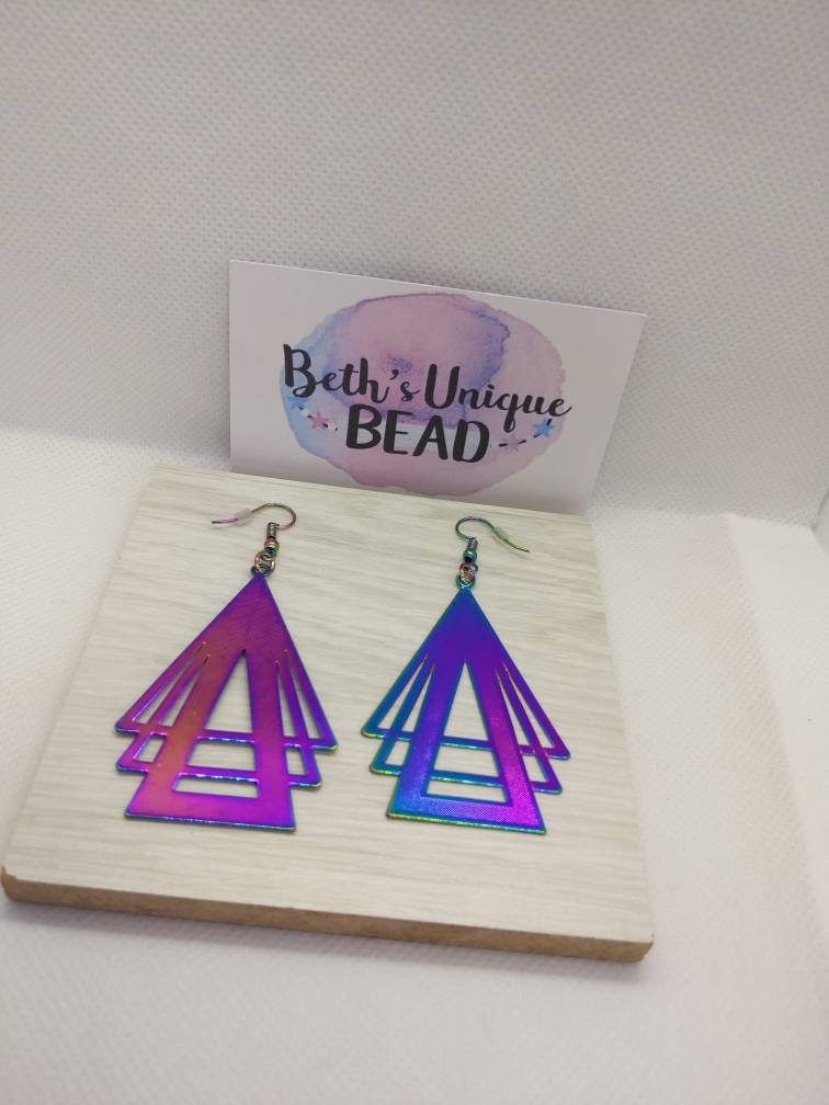large boho earrings/statement earrings/rainbow plated/rainbow earrings/hippy earrings/art deco style/art deco earrings/angel wing earrings
