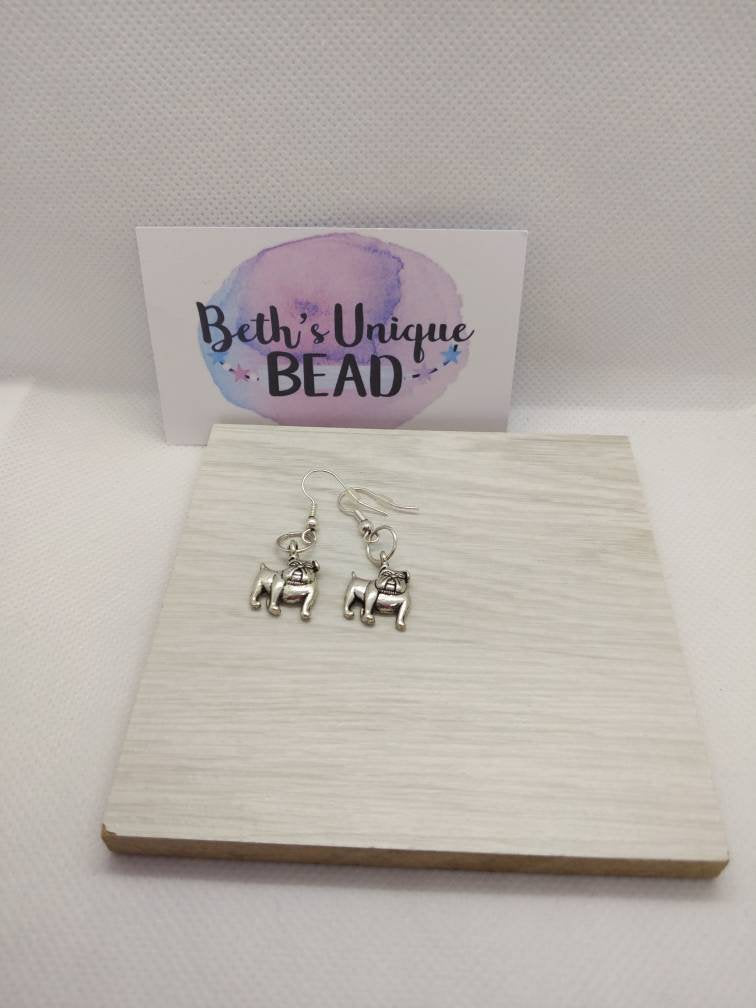 bulldog earrings/dog earrings/animal earrings/silver plated earrings/silver plated dog/quirky earrings/funky earrings/unusual earrings