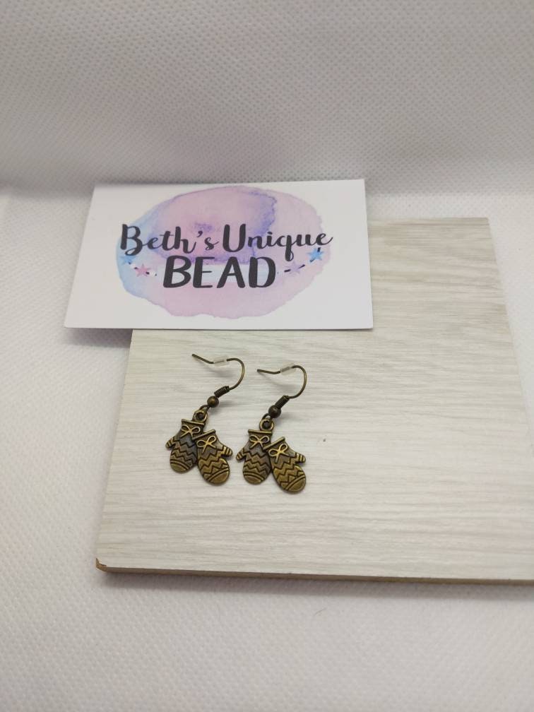 Glove earrings/copper plated earrings/bronze plated earrings/bronze earrings/copper earrings/winter earrings/quirky earrings/funky earrings