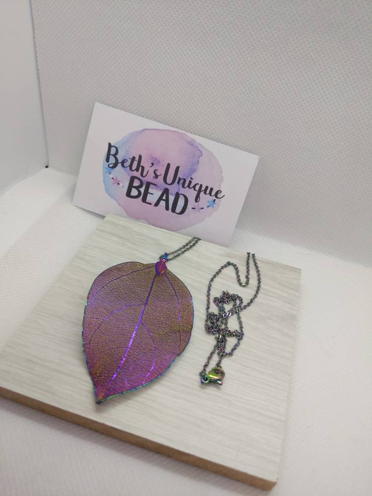 rainbow leaf chain/rainbow plated necklace/autumnal pendant/spring/colourful jewellery/skeletal leaf/large necklace