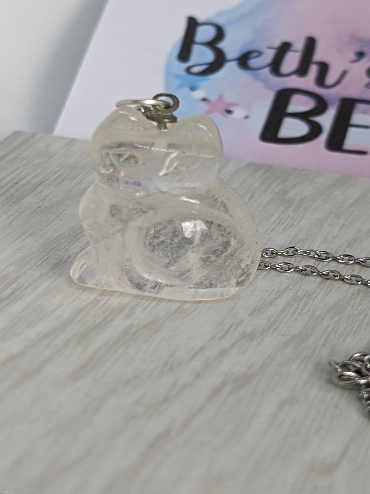 cat figurine, cat necklace, clear crystal necklace, gift for her, pet gift, pet chain