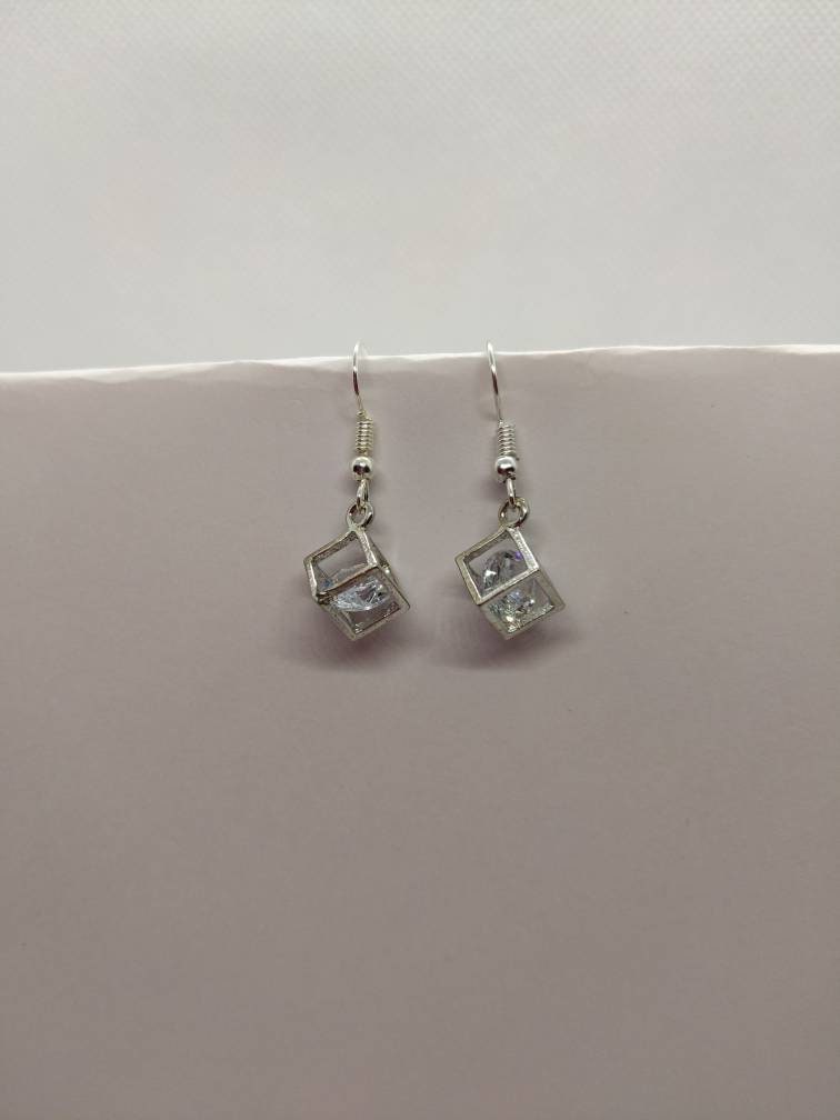 diamante cube/Silver plated/sterling silver/anniversary gift/birthday present/glitter earrings/sparkly drops/square earrings/simple earrings
