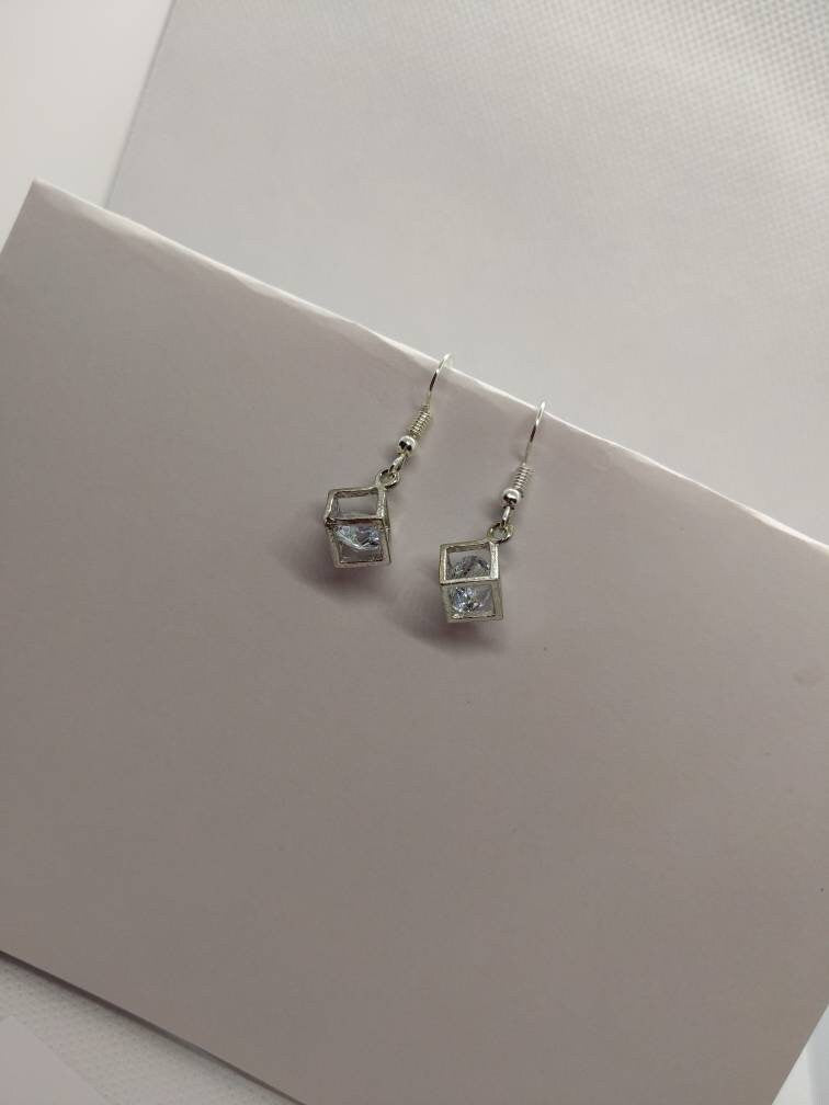 diamante cube/Silver plated/sterling silver/anniversary gift/birthday present/glitter earrings/sparkly drops/square earrings/simple earrings