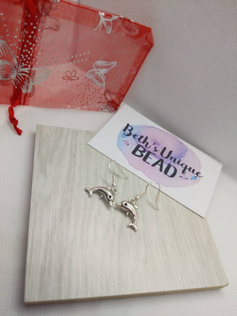 Silver plated dolphin earrings/sea life/mammals/animal earrings/dangle drops/sterling silver/under the sea/jumping dolphin