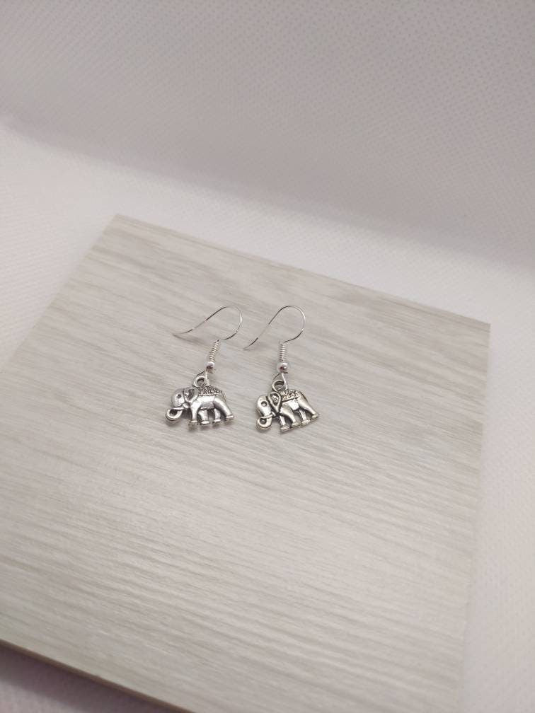 Silver plated elephant earrings/dainty drops/mammal/sterling silver/elephant jewellery/women's jewelry/cute/grey/small dangles/animal