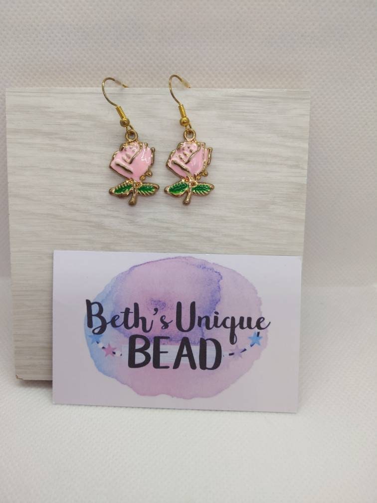 rose earrings/pink rose earrings/gold plated rose earrings/flower earrings/rose jewellery/gold plated flower/pink flower earrings