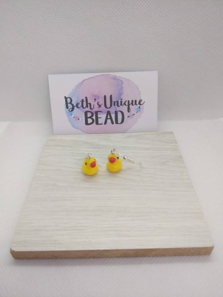 silver plated duck earrings/yellow drops/animal earrings/bird earrings/quirky/funky/kawaii earrings/duck jewelry/lilac animals