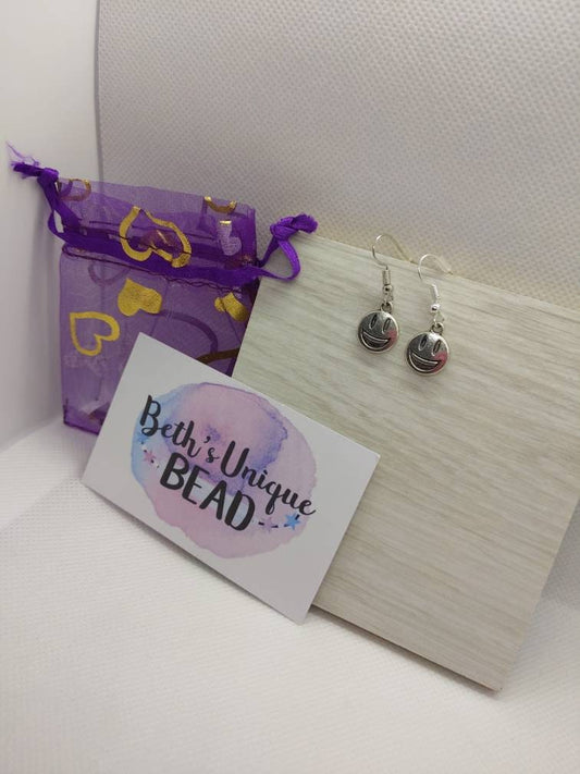 Silver plated happy earrings/smiley face/sterling silver/quirky jewellery/novelty drops/tween gift/smile/fun dangly drops