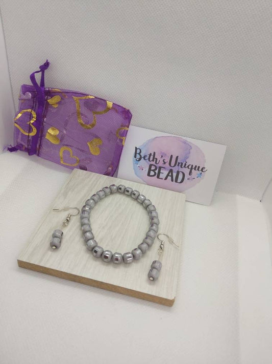 grey beaded jewellery, banded bracelet, bead earrings, textured drops, ladies jewelry, statement bracelet, women's bracelet