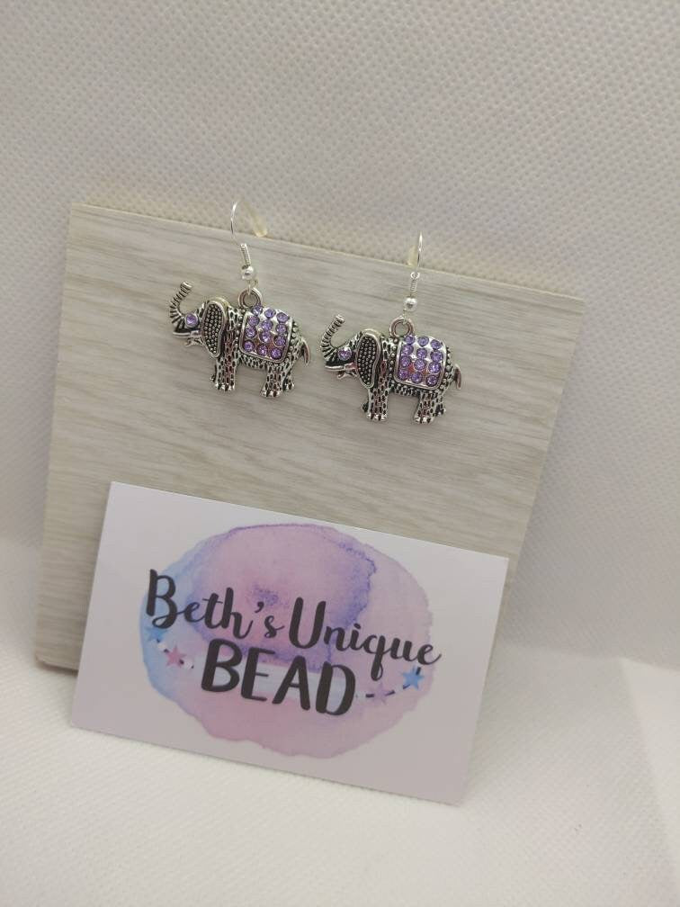 Turquoise elephant earrings/silver plated drops/sparkly/animals/mammal/silver elephant/gifts for women/dangle earrings/purple/lilac