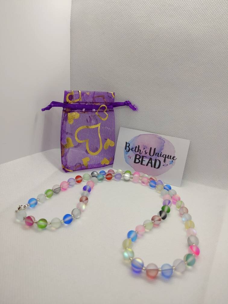Moonstone jewellery set, multicolour jewelry, shiny necklace, colourful earrings, synthetic moonstone bracelet, neon set