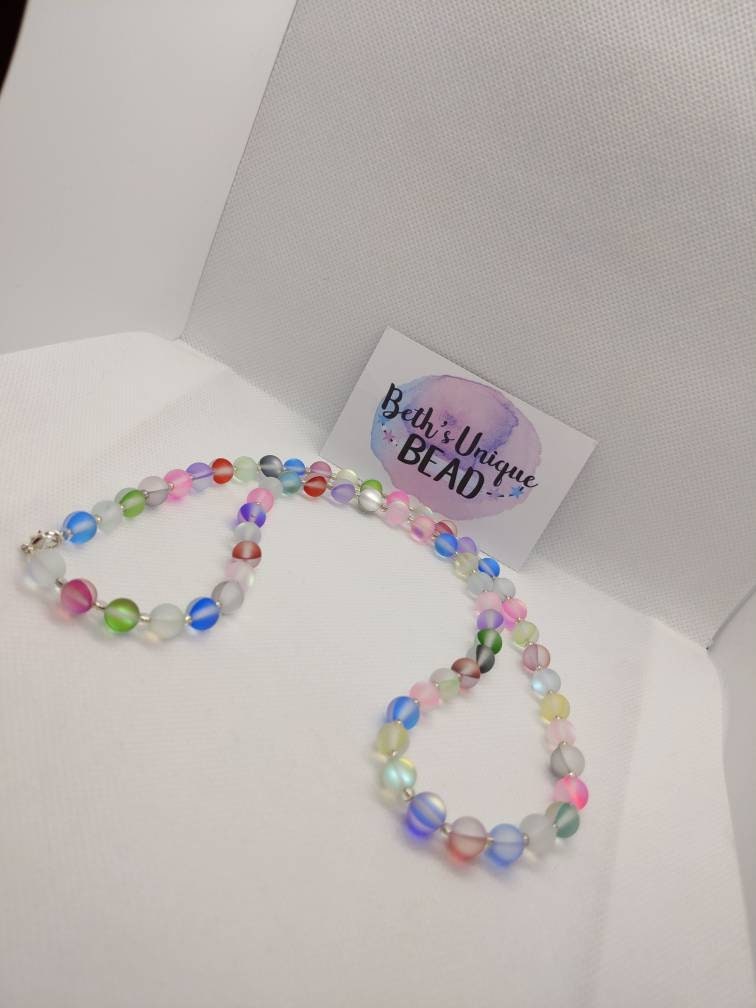 Moonstone jewellery set, multicolour jewelry, shiny necklace, colourful earrings, synthetic moonstone bracelet, neon set