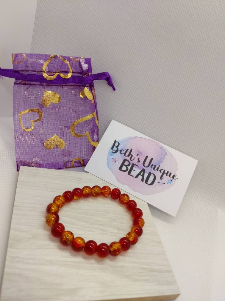 crackle bead bracelet, red and orange wrist candy, purple beaded bracelet, white bracelet, glass beads, gifts for her, birthday gift