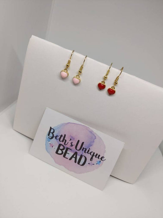 Small drop earrings, red hearts, pink heart earrings, dainty earrings, gold plated