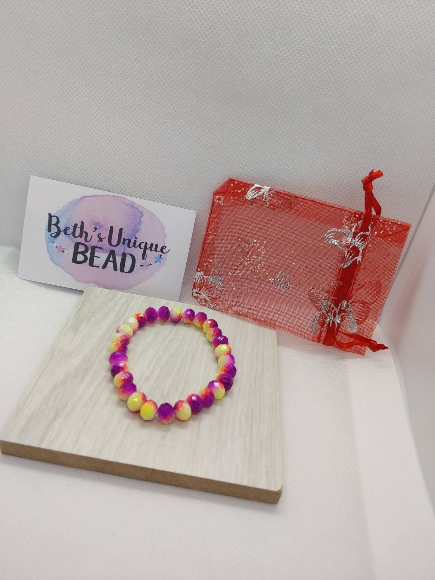 Neon jewellery, expandable bracelet, neon yellow earrings, beaded jewellery, purple bracelet, gift for her