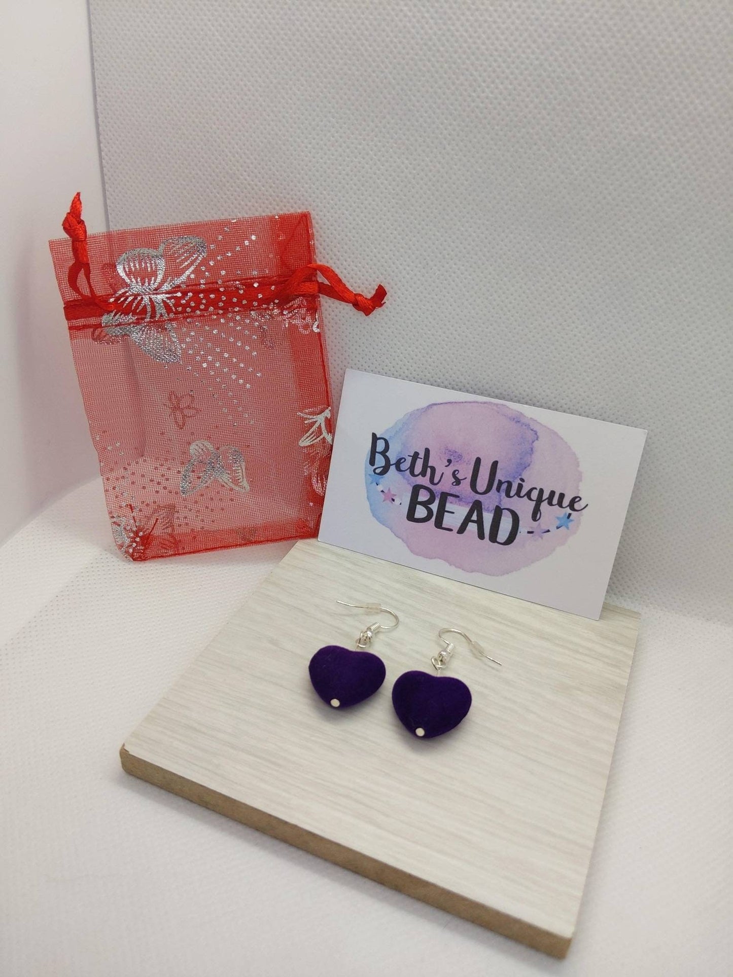 felt earrings, felt beaded earrings, blue heart beads, purple heart beads, dark pink jewelry
